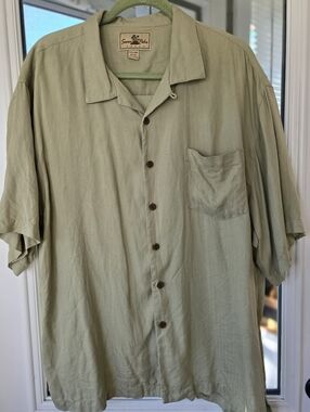 Seven Palm Men XXL Silk Sage Green Short-Sleeve Button-Up Shirt Wood Buttons